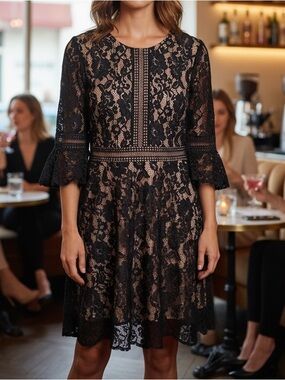 Missmay Retro Gorgeous City Black Lace & Tan Cocktail Dress Size XL (runs Small)